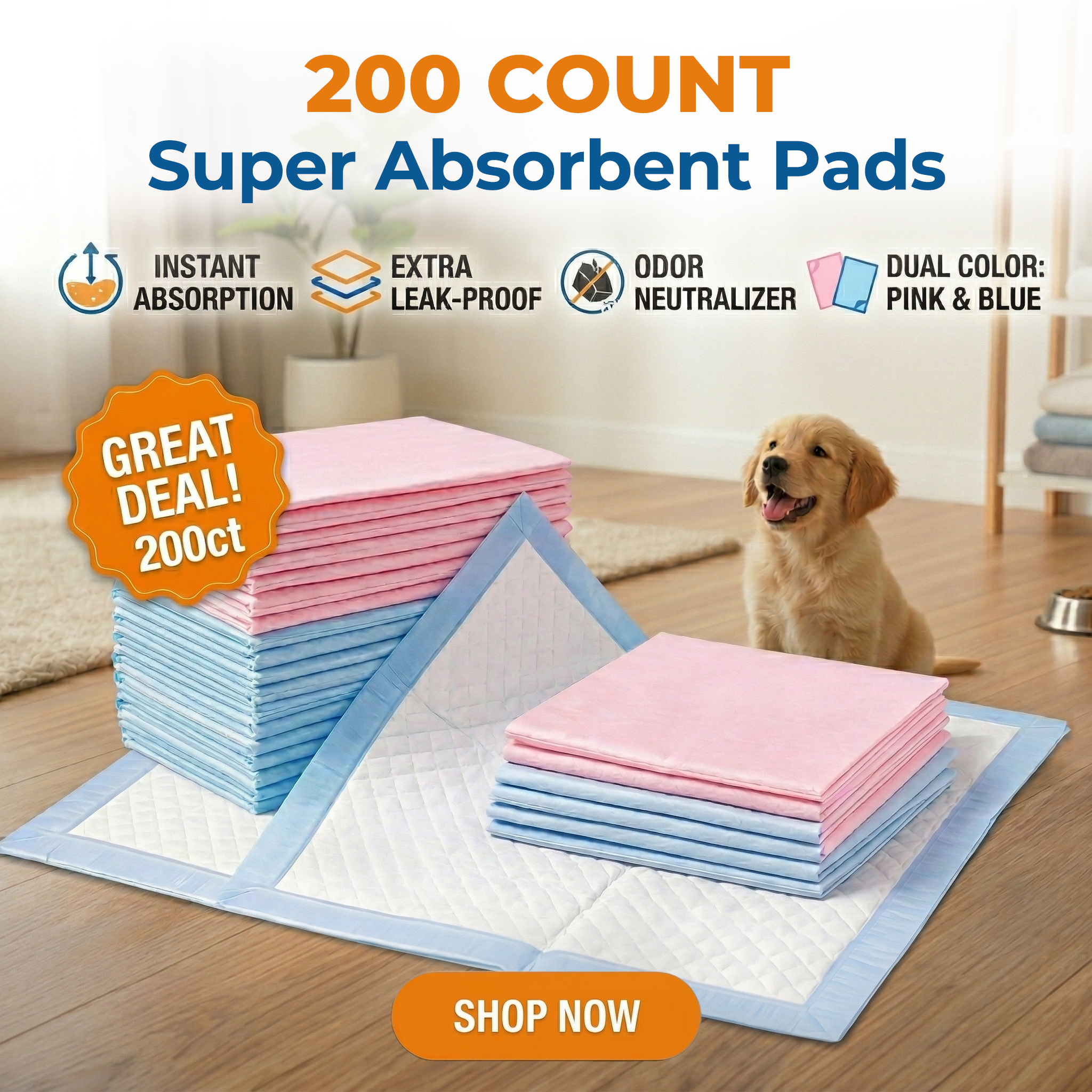 Dog Pee Pads 200 Count, MoMoCo Dual Color Pink & Blue 6-Layer Bulk Value Pack